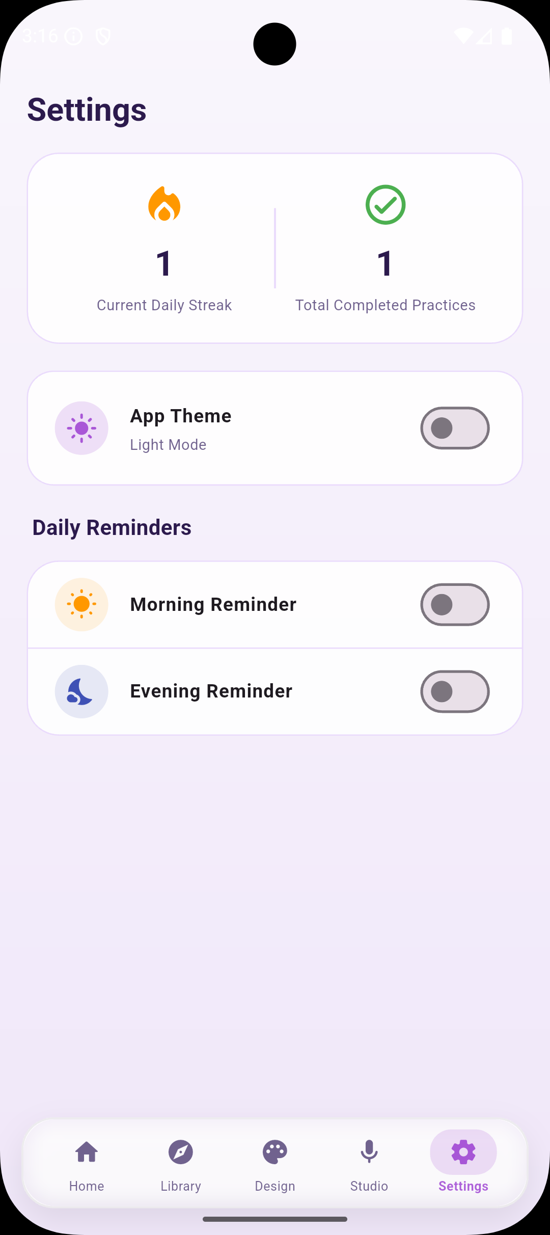 Affirmly Settings Screen